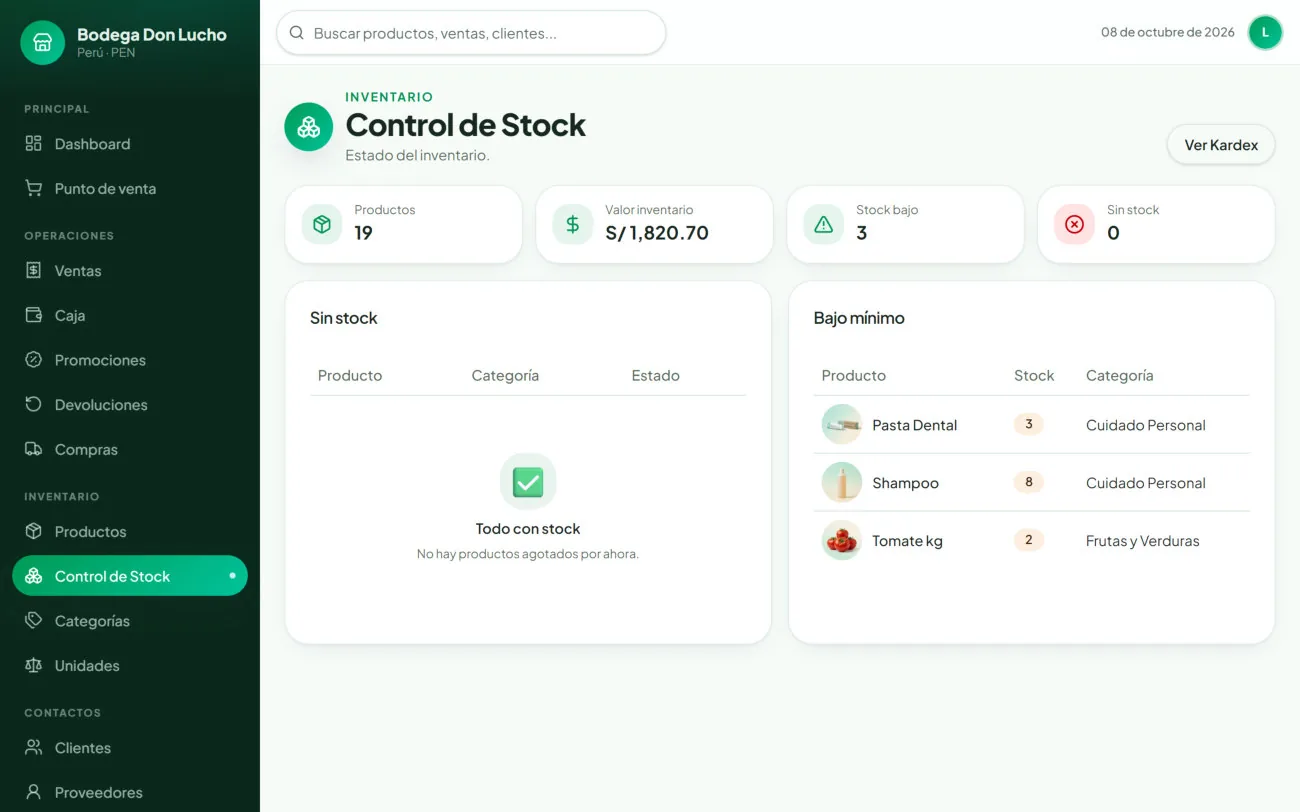 Captura real del Control de Stock con el valor del inventario y los productos bajos o agotados