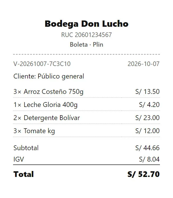 Recibo real de 80 mm de Bodega Don Lucho con los productos, el IGV y el total