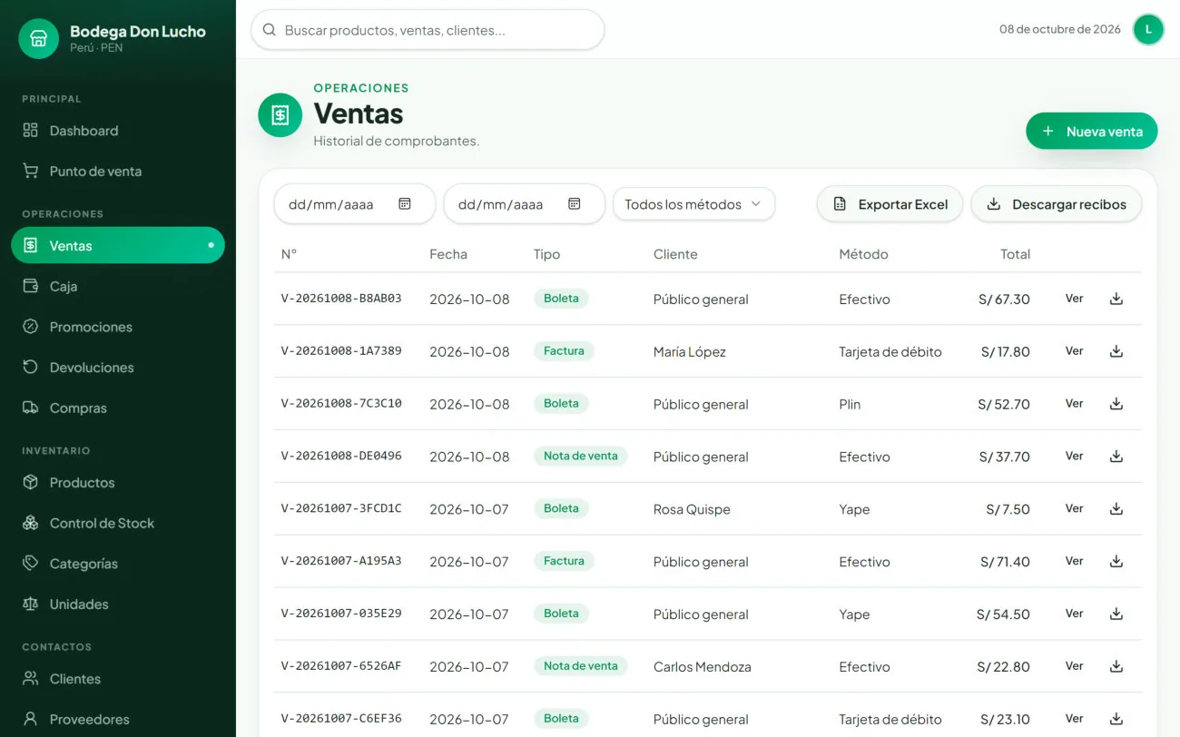 Captura real del listado de ventas con su número automático y forma de pago