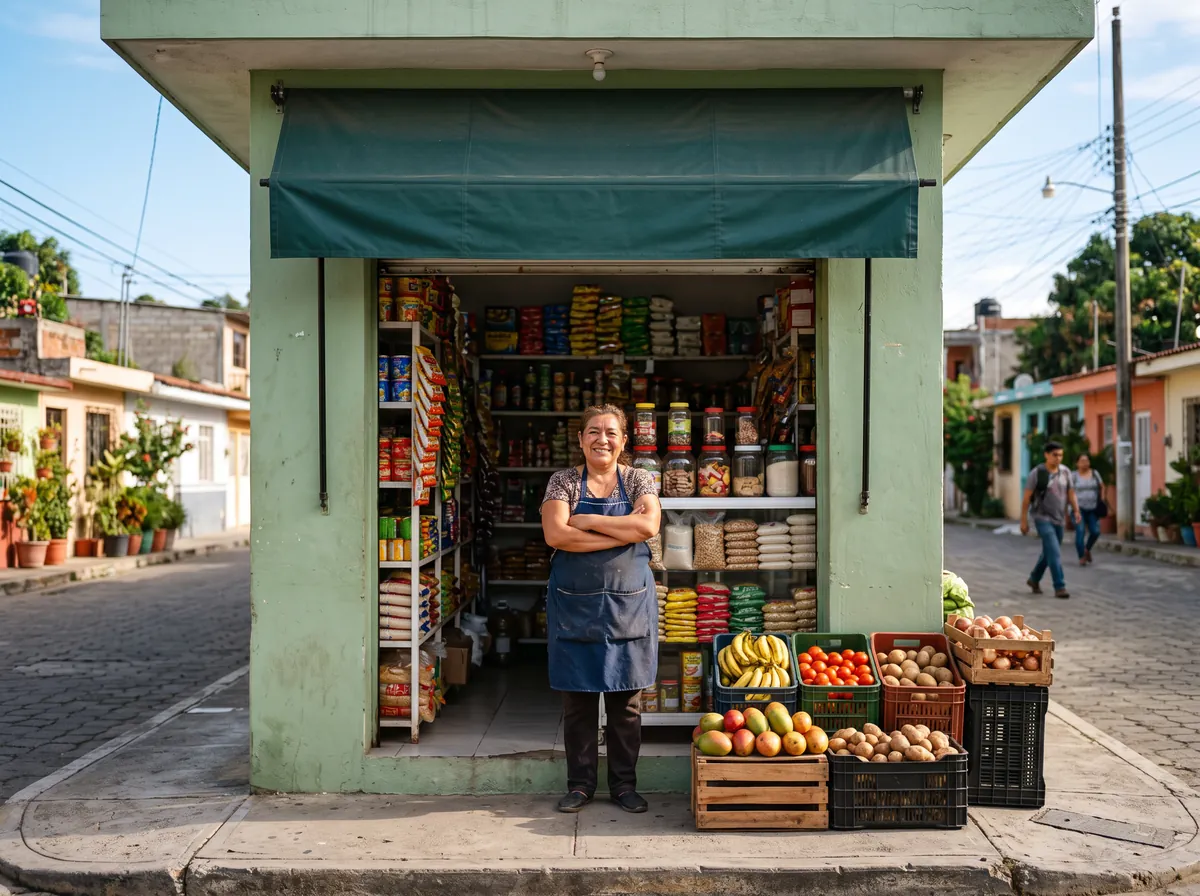 Dueña de una bodega de barrio sonriendo en la puerta de su tienda