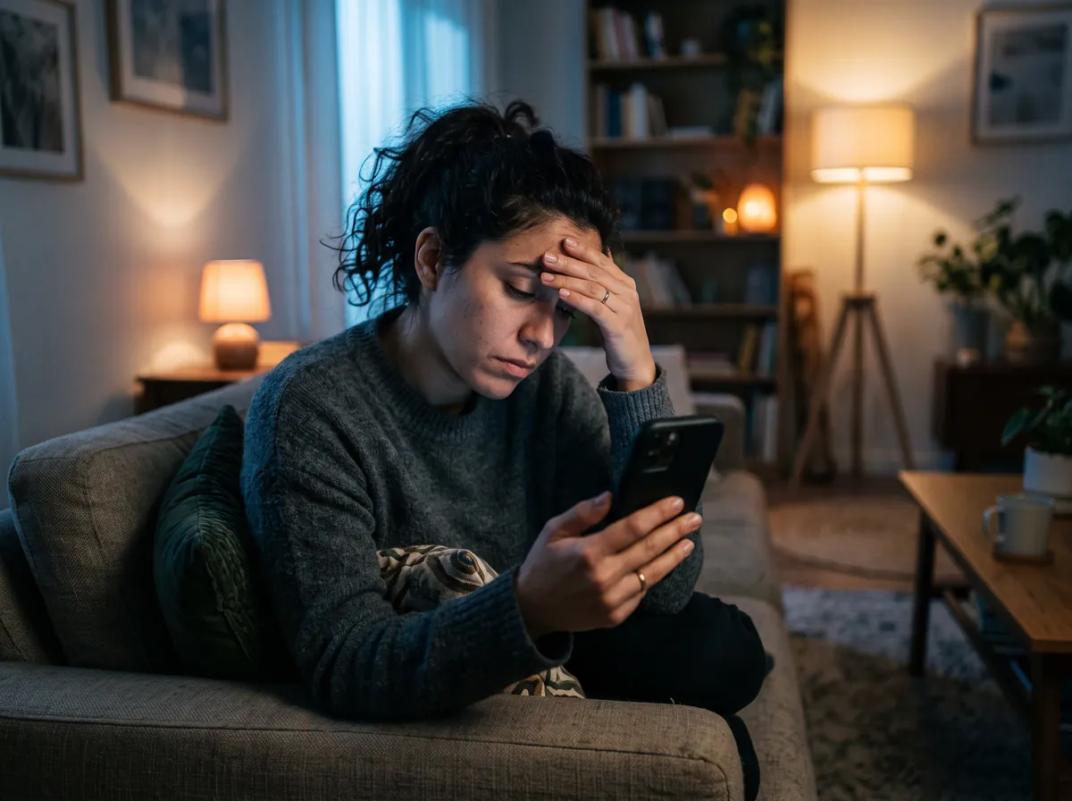 Mujer revisando de noche en su celular las pocas comisiones que recibió
