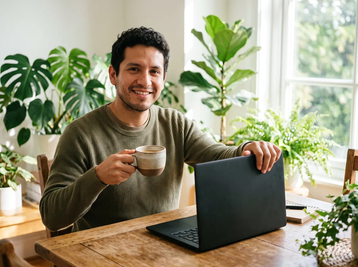 Emprendedor sonriente cerrando su laptop con un café en la mano